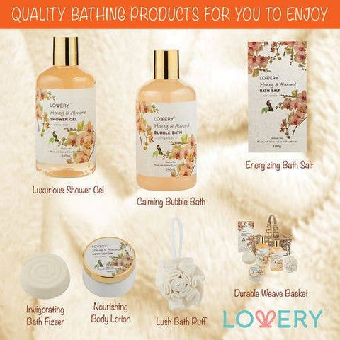 Home Spa Gift Basket - Honey Almond Scent - Luxury Bath Set
